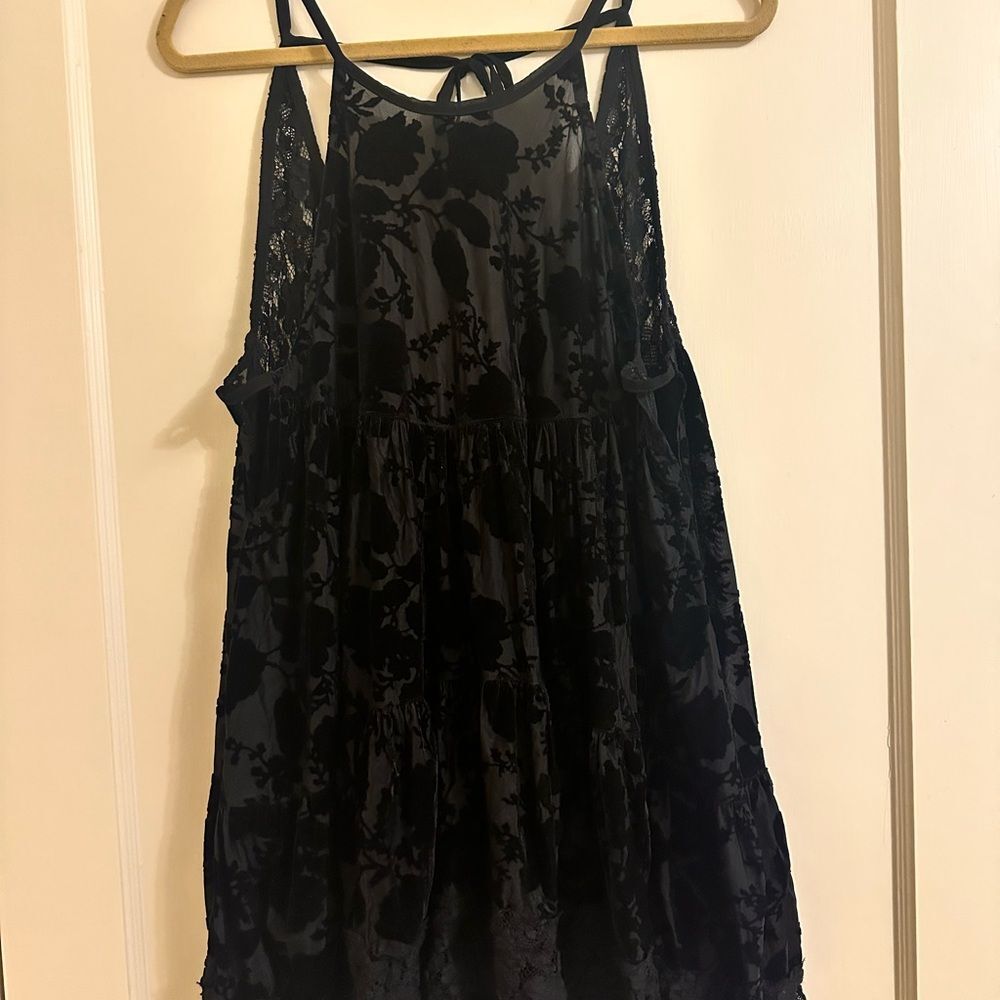 Free People Black Lace Velvet Floral Holiday Tiered Dress Size Small